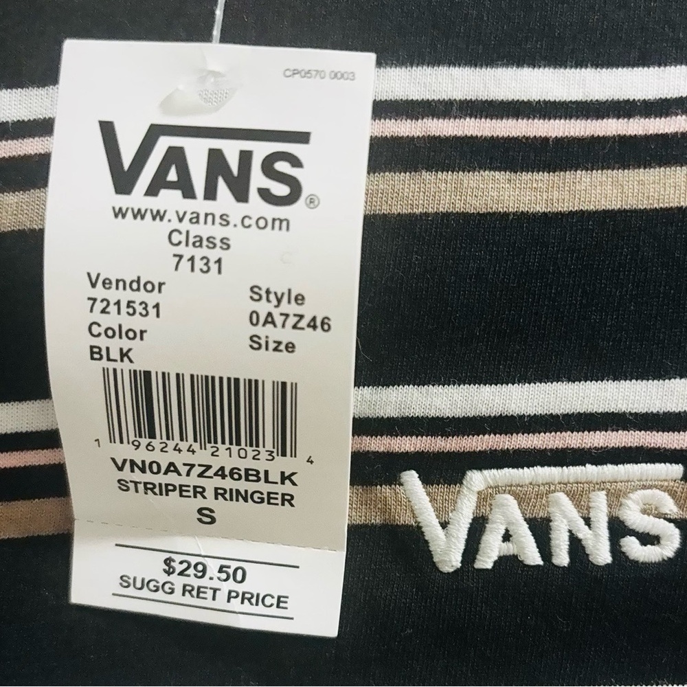 Vans Striped Ringer Tee Shirt Small Black NWT Logo Casual - Picture 5 of 5